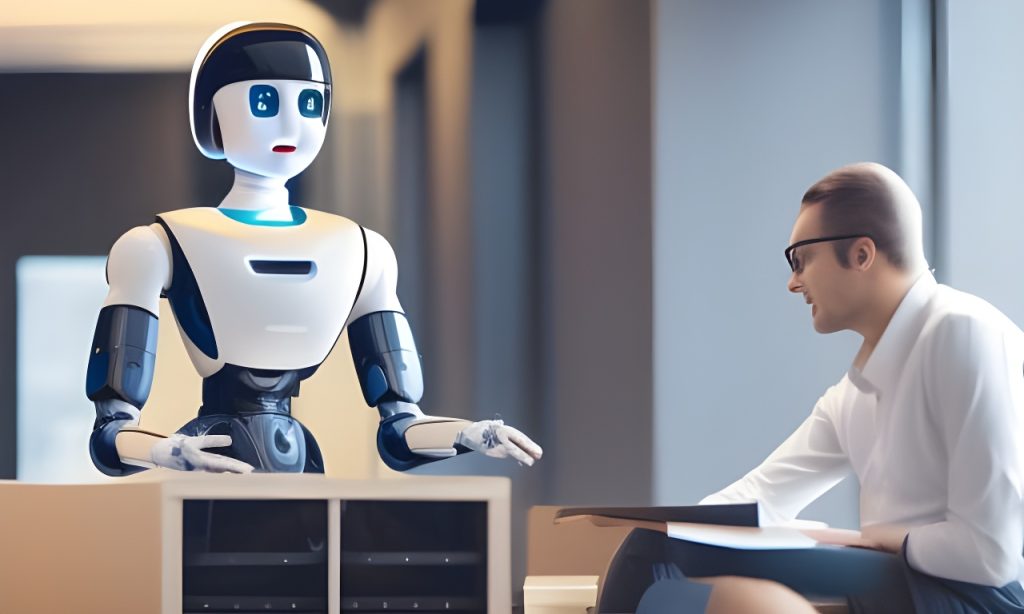 Customer service robot assisting a human created by NightCafe AI image generator
