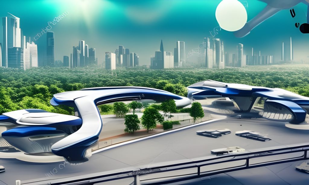 Futuristic city landscape with drones created by NightCafe AI image generator - tech trends in 2023